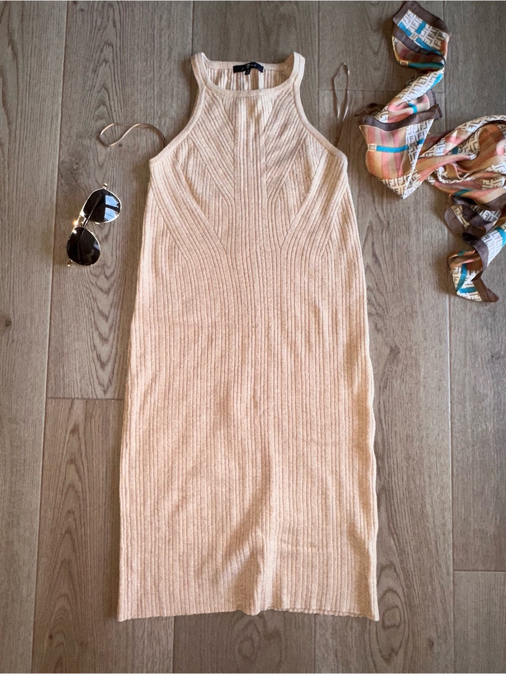 7 for All Mankind | Sleeveless Rib Knit Bodycon Midi Dress in Beige Size S